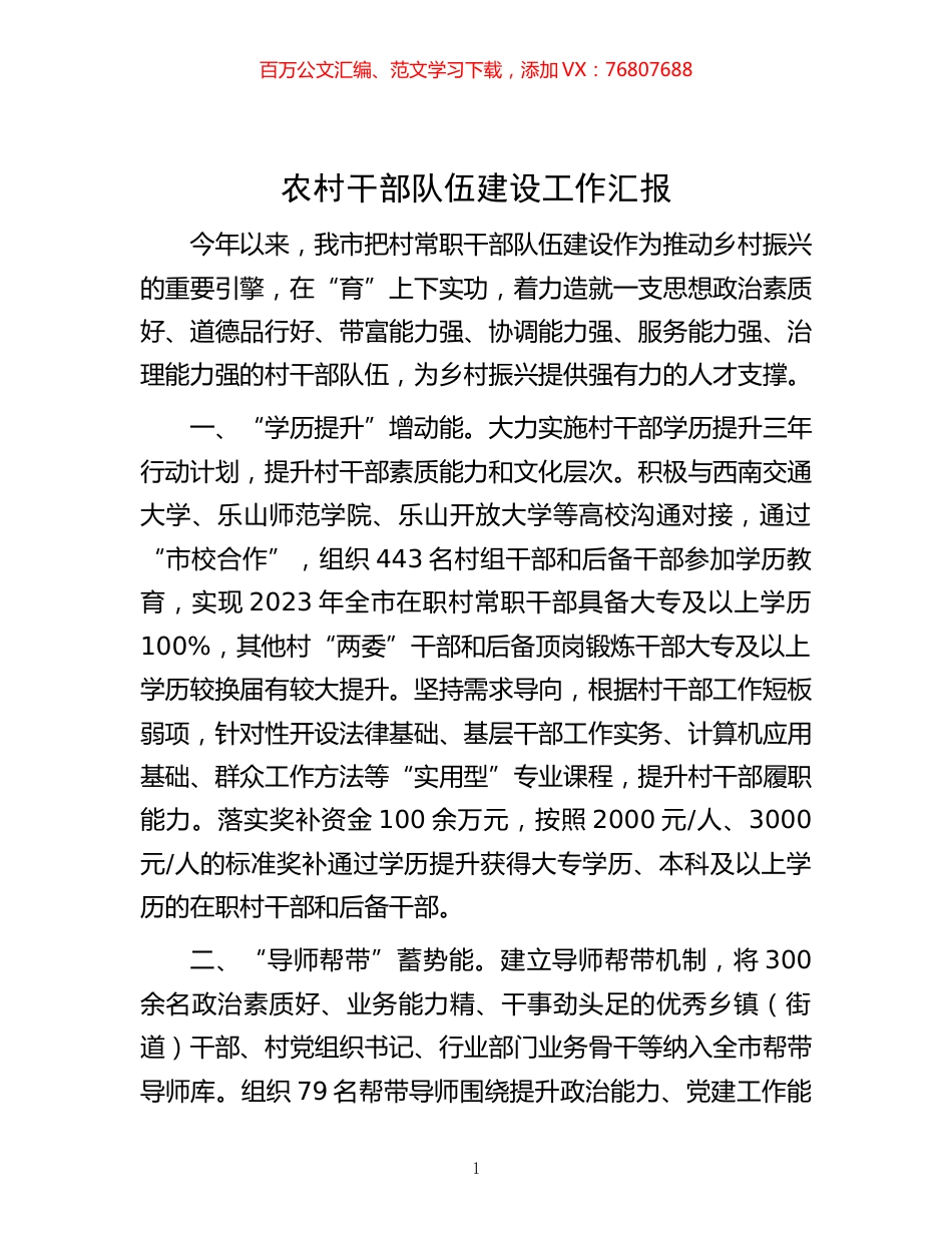 -农村干部队伍建设工作汇报.docx_第1页