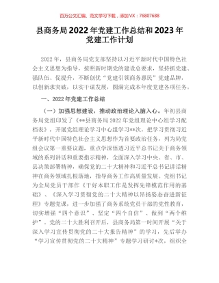 县商务局2022年党建工作总结和2023年党建工作计划.docx