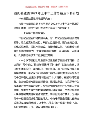 县纪委监委2023年上半年工作总结及下步计划.docx