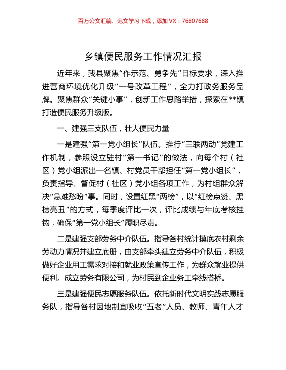 -乡镇便民服务工作情况汇报.docx_第1页