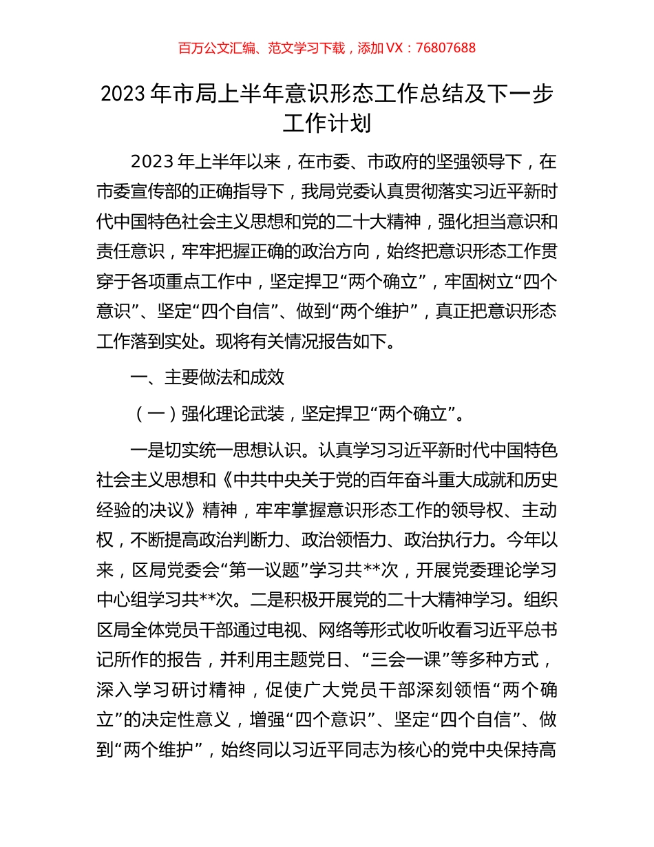 2023年市局上半年意识形态工作总结及下一步工作计划.docx_第1页