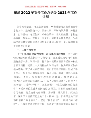 街道2022年宣传工作总结及2023年工作计划.docx