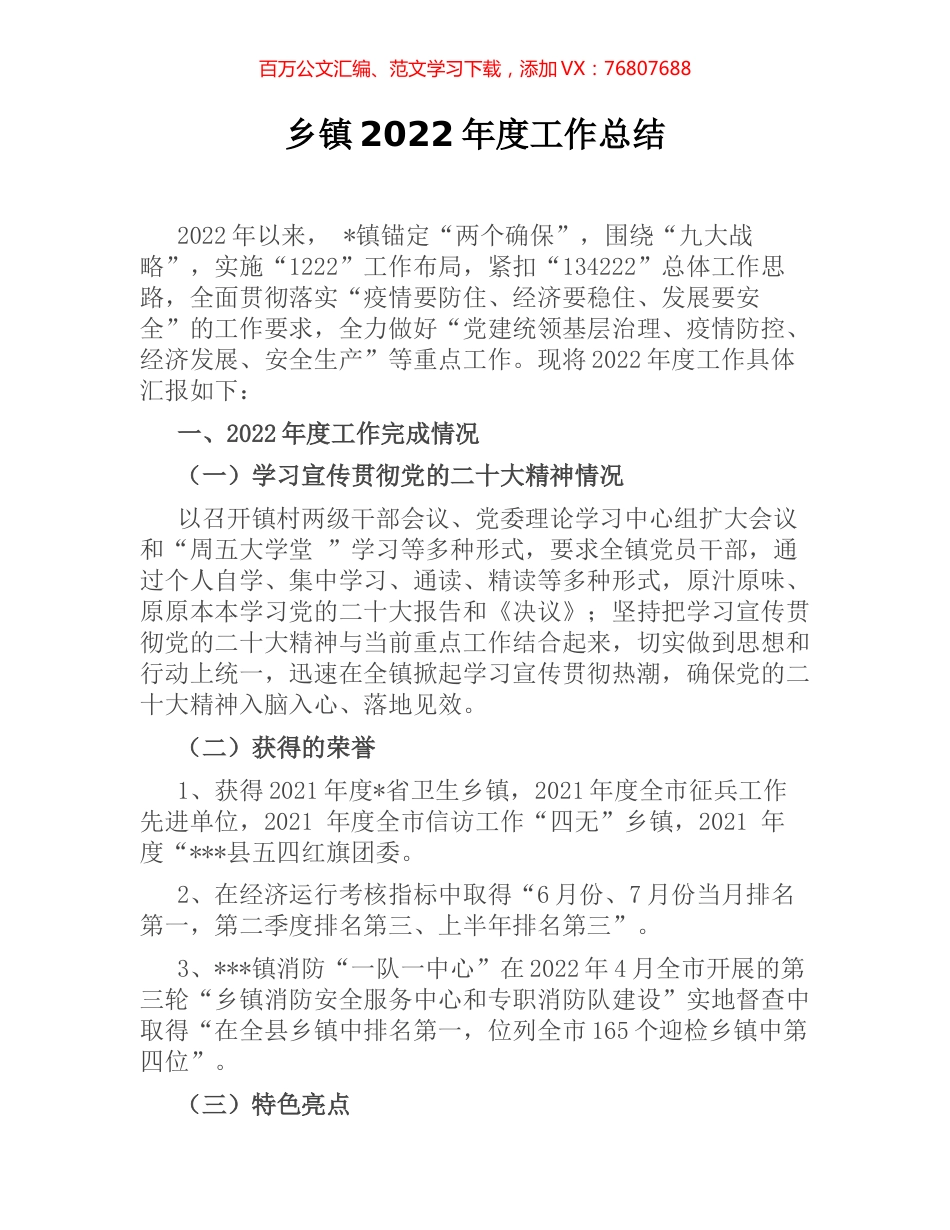 乡镇2022年度工作总结.docx_第1页