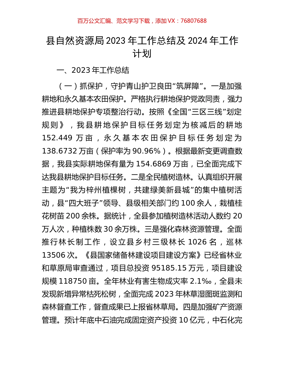 县自然资源局2023年工作总结及2024年工作计划.docx_第1页
