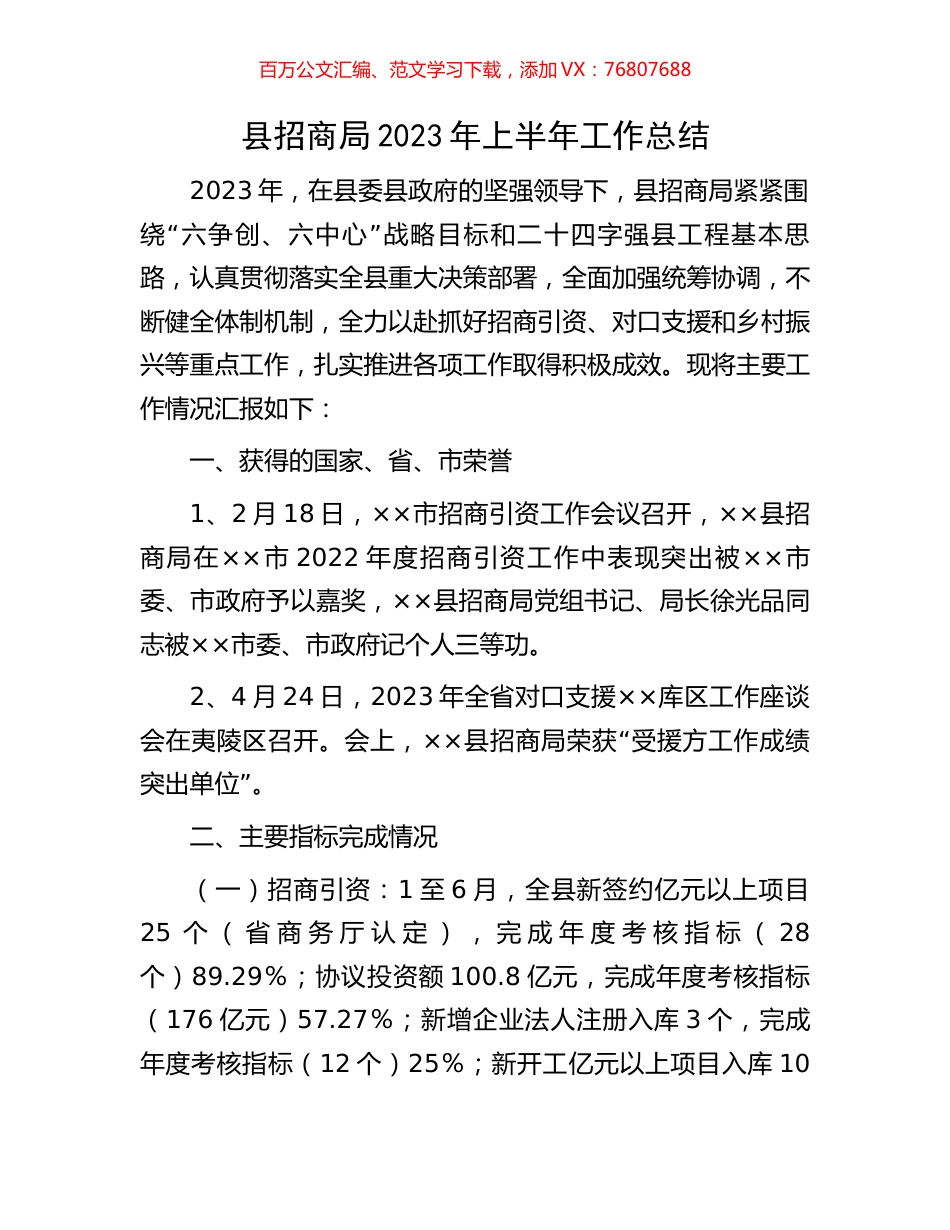 县招商局2023年上半年工作总结.docx_第1页