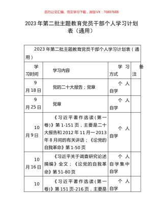 2023年第二批主题教育党员干部个人学习计划表.docx