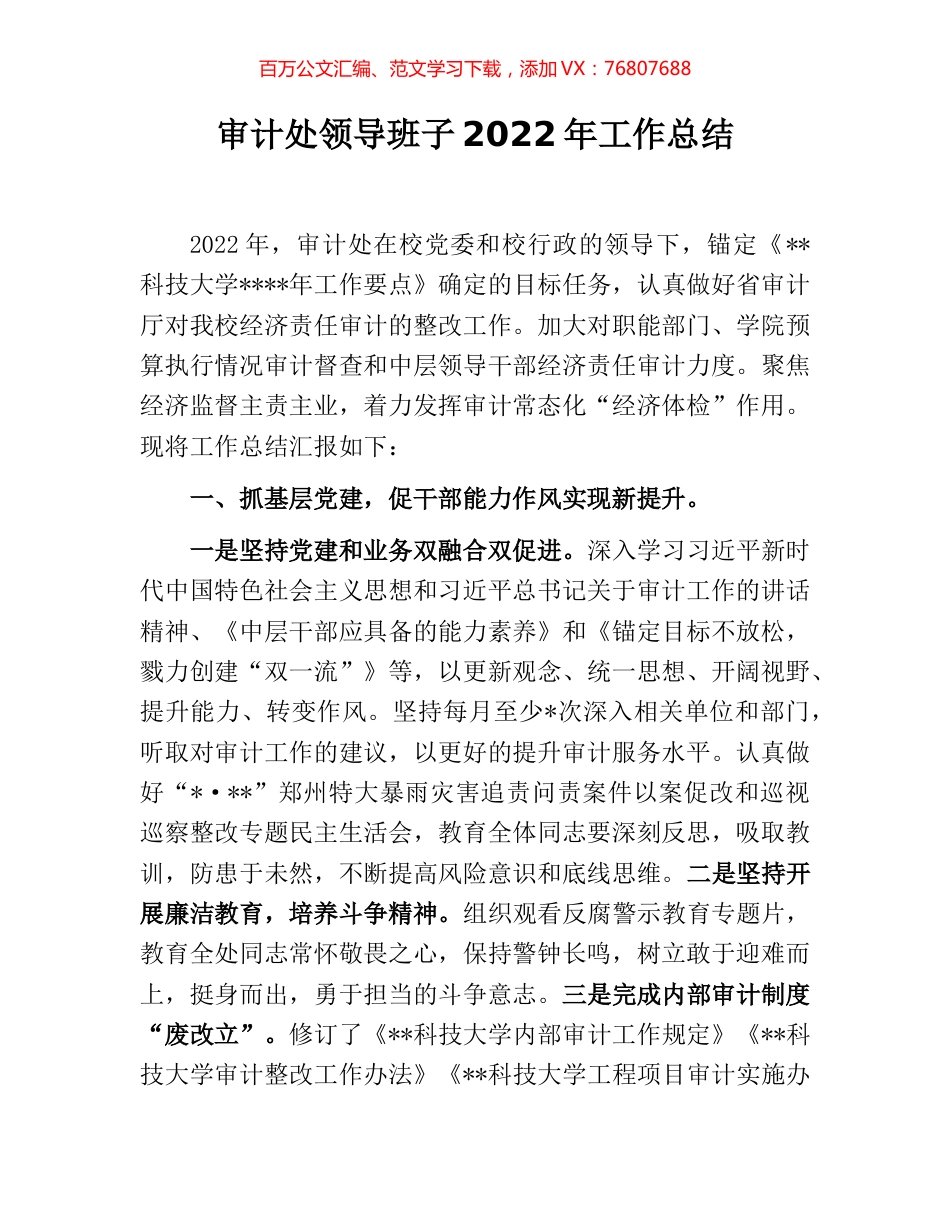 审计处领导班子2022年工作总结.docx_第1页