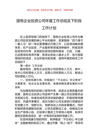 国有企业投资公司年度工作总结及下阶段工作计划.docx