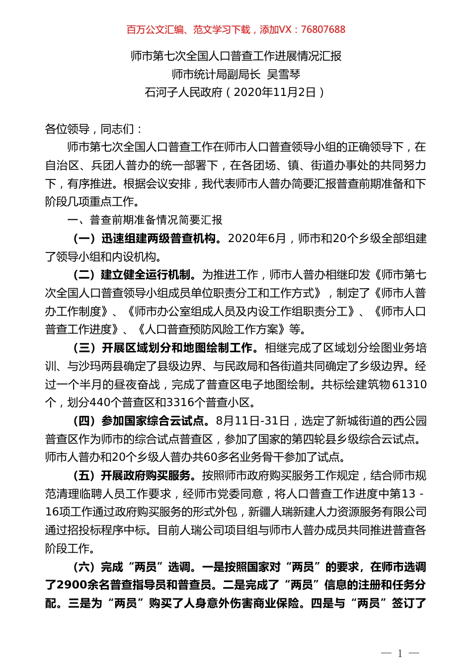 师市统计局副局长吴雪琴：师市第七次全国人口普查工作进展情况汇报.doc_第1页