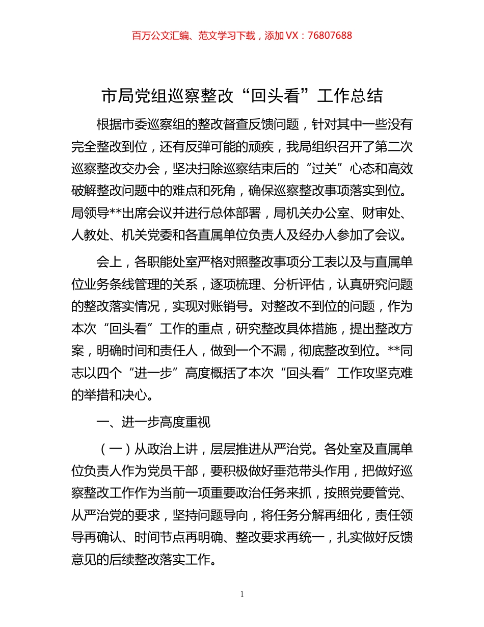 市局党组巡察整改“回头看”工作总结.docx_第1页