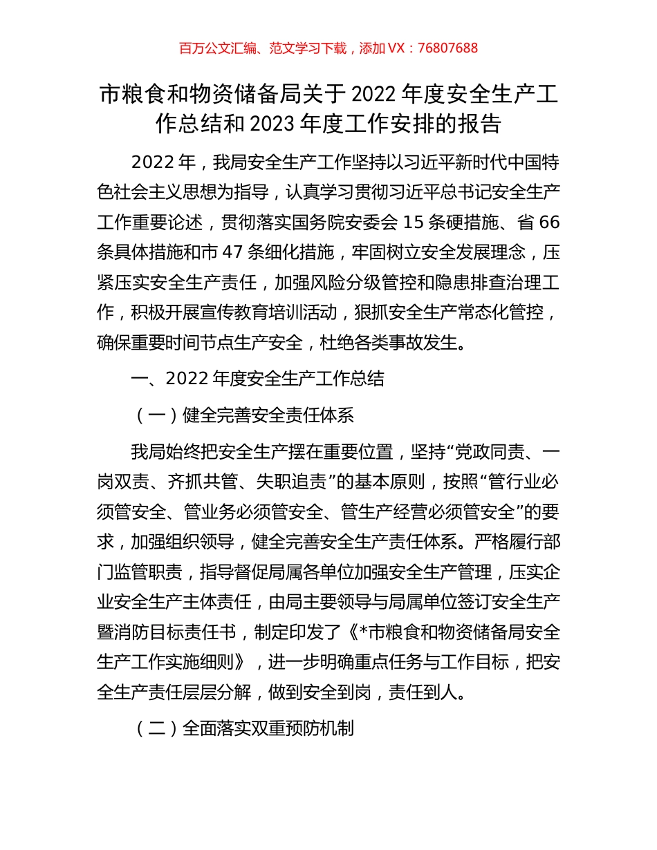 市粮食和物资储备局关于2022年度安全生产工作总结和2023年度工作安排的报告.docx_第1页
