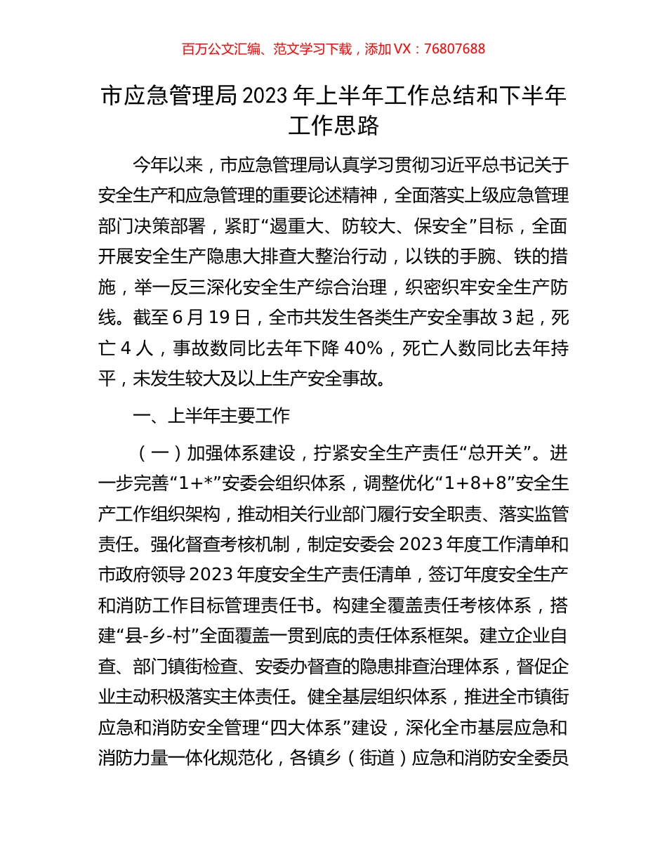 市应急管理局2023年上半年工作总结和下半年工作思路.docx_第1页