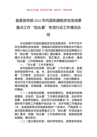 县委宣传部2022年巩固拓展脱贫攻坚成果重点工作“回头看”专项行动工作情况总结.docx