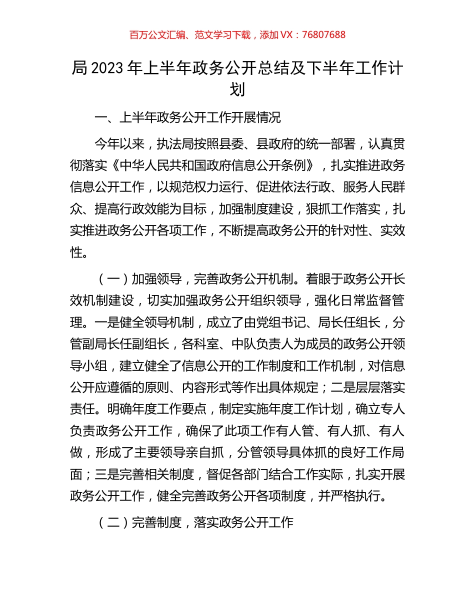 局2023年上半年政务公开总结及下半年工作计划.docx_第1页