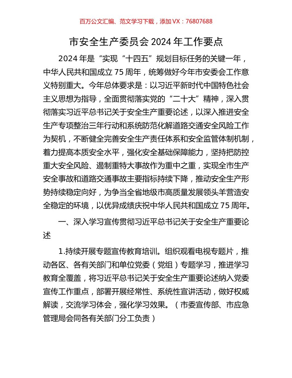 市安全生产委员会2024年工作要点.docx_第1页
