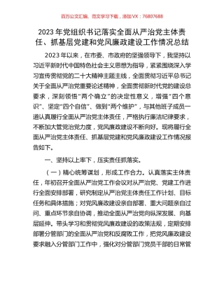 2023年党组织书记落实全面从严治党主体责任、抓基层党建和党风廉政建设工作情况总结.docx