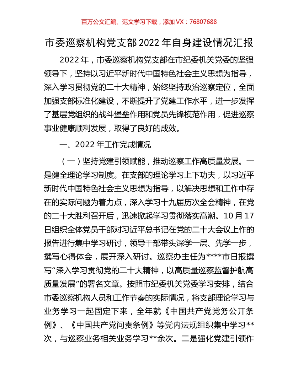 市委巡察机构党支部2022年自身建设情况汇报.docx_第1页