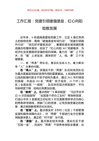 工作汇报：党建引领建强堡垒，红心向阳助推发展.docx