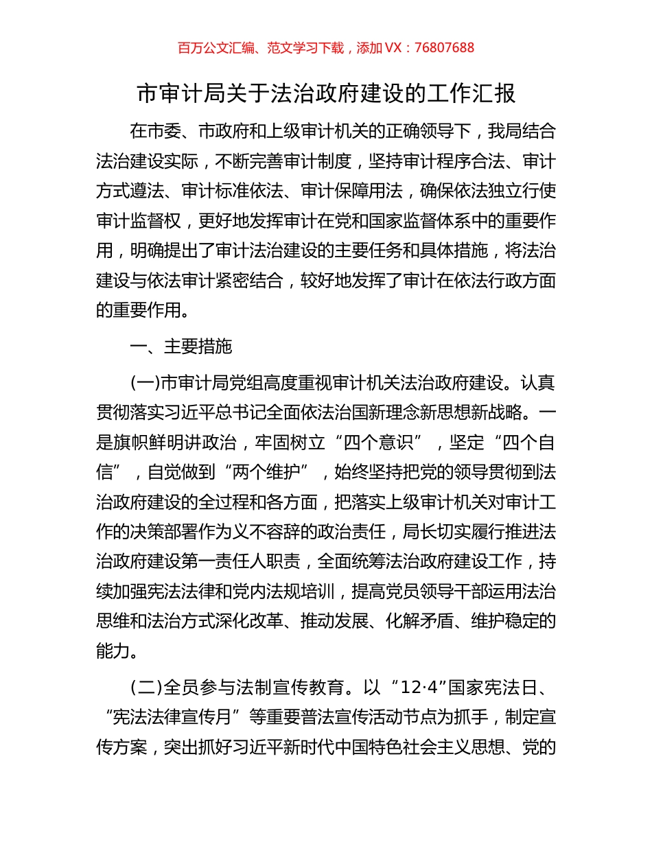 市审计局关于法治政府建设的工作汇报.docx_第1页