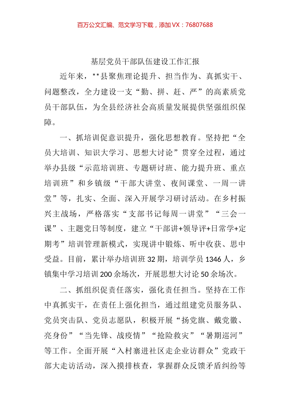 基层党员干部队伍建设工作汇报.docx_第1页