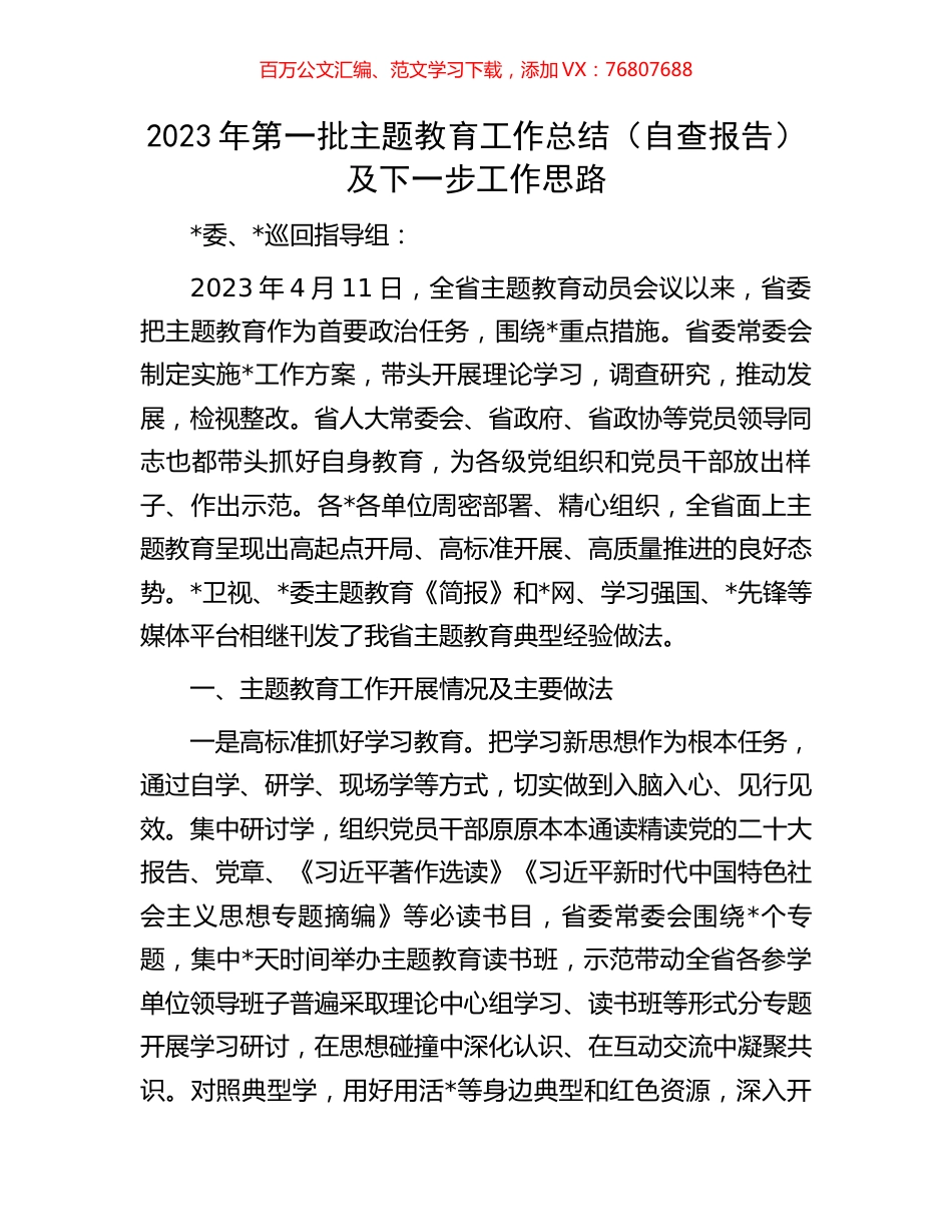 2023年第一批主题教育工作总结（自查报告）及下一步工作思路.docx_第1页