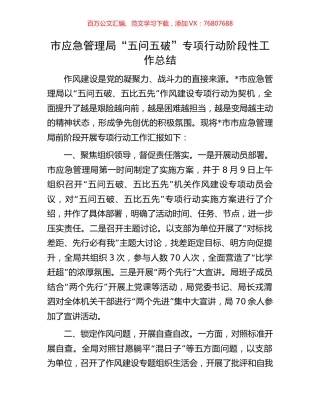 市应急管理局“五问五破”专项行动阶段性工作总结.docx