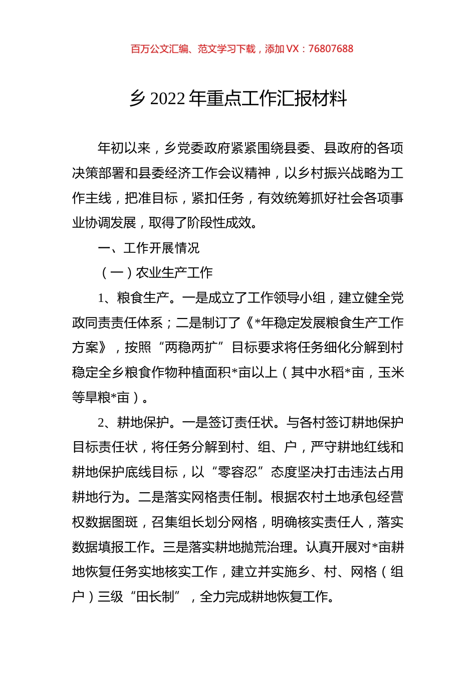 乡2022年重点工作汇报材料.docx_第1页