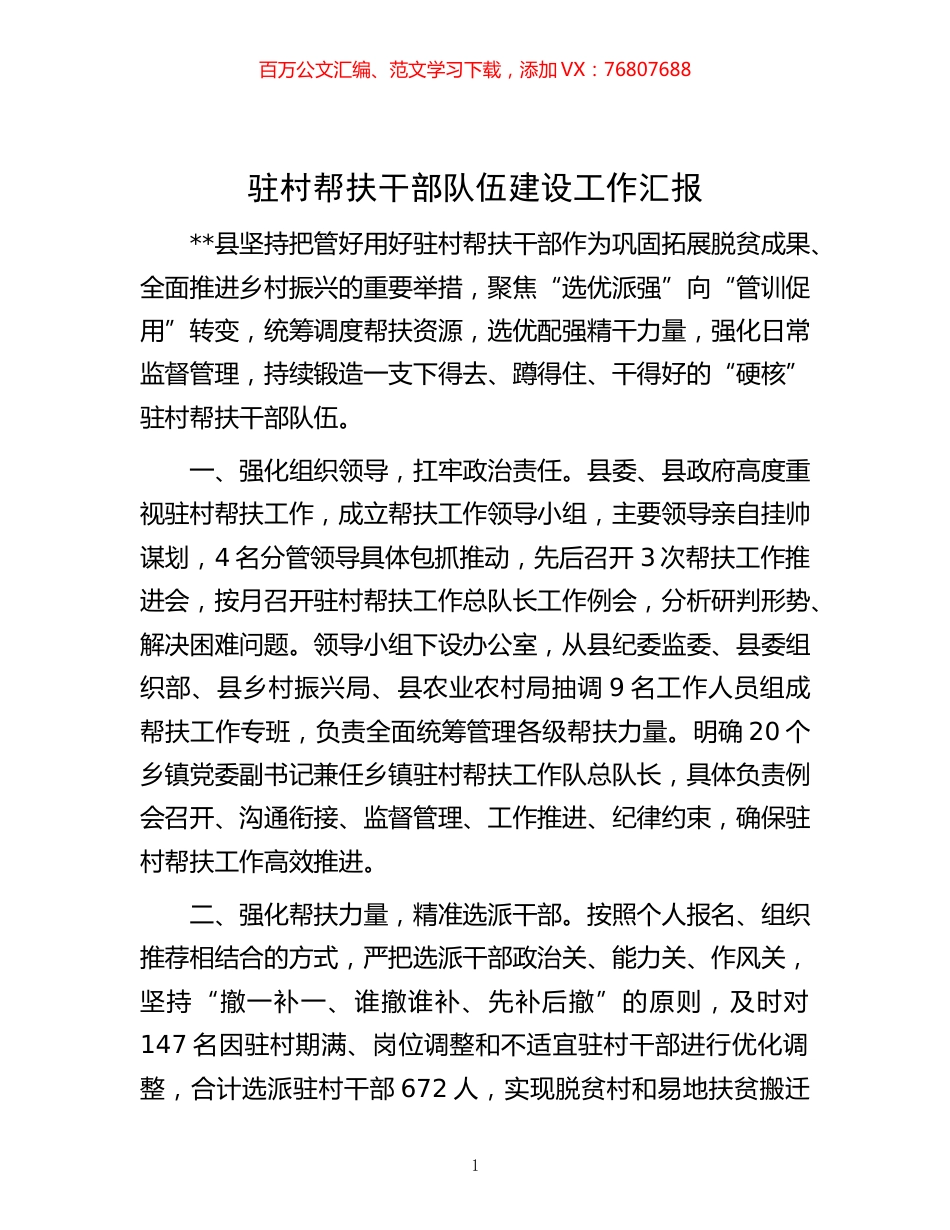 -驻村帮扶干部队伍建设工作汇报.docx_第1页