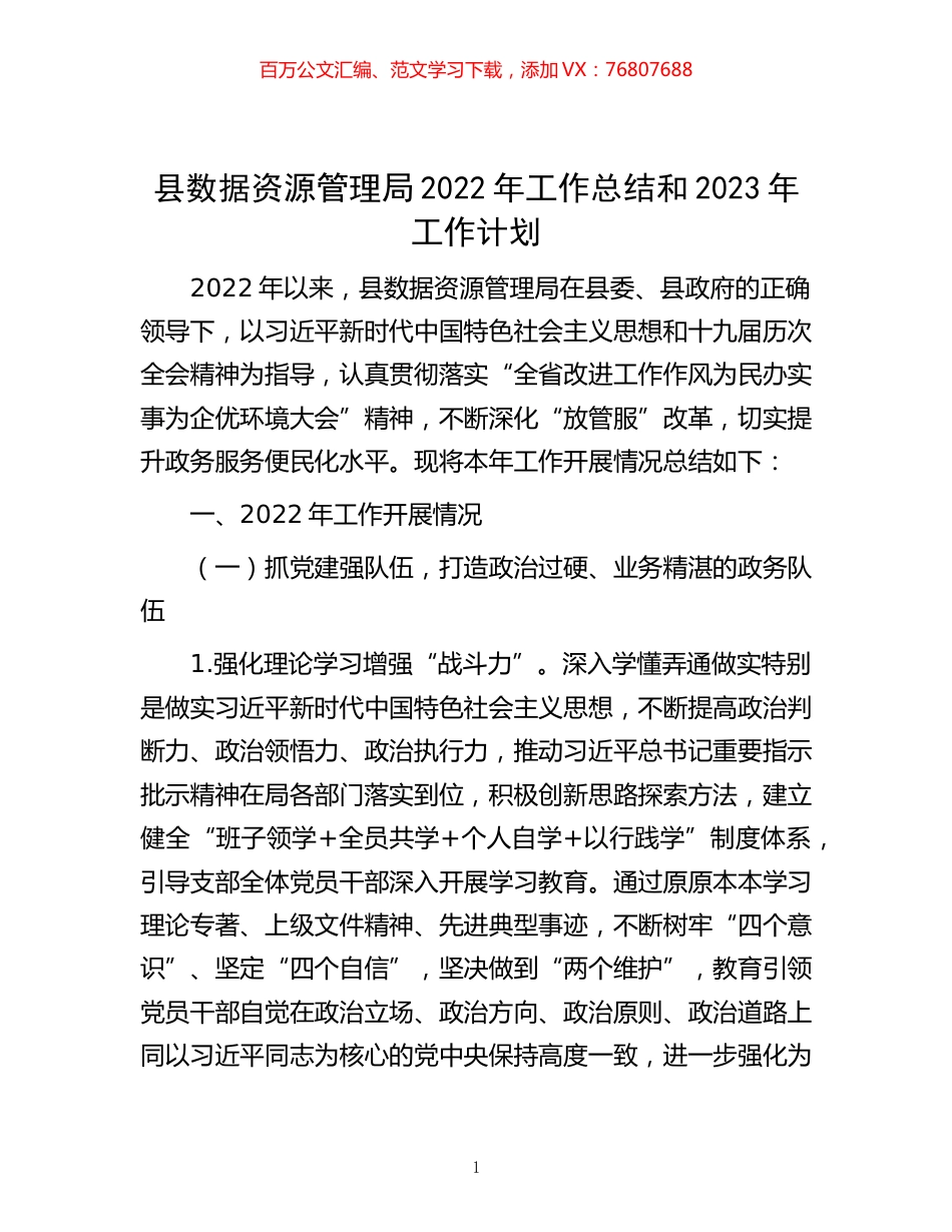 -县数据资源管理局2022年工作总结和2023年工作计划.docx_第1页