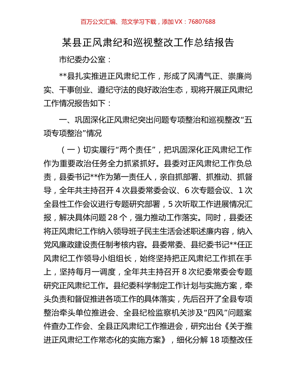 某县正风肃纪和巡视整改工作总结报告.docx_第1页