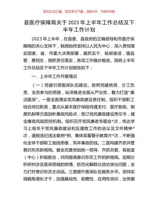 县医疗保障局关于2023年上半年工作总结及下半年工作计划.docx