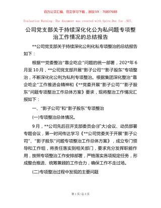 20221020公司党支部关于持续深化化公为私问题专项整治工作情况的总结报告.docx
