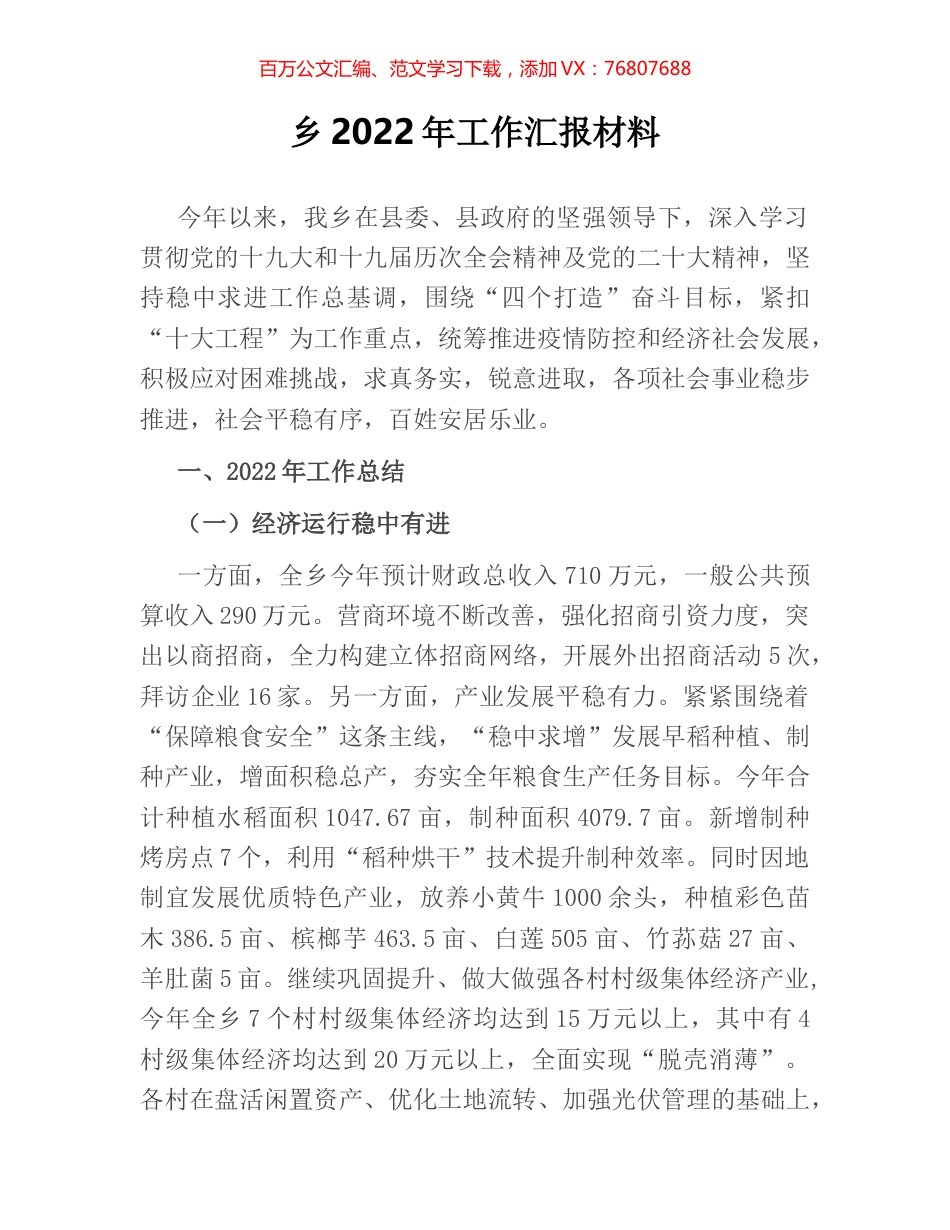 乡2022年工作汇报材料.docx_第1页