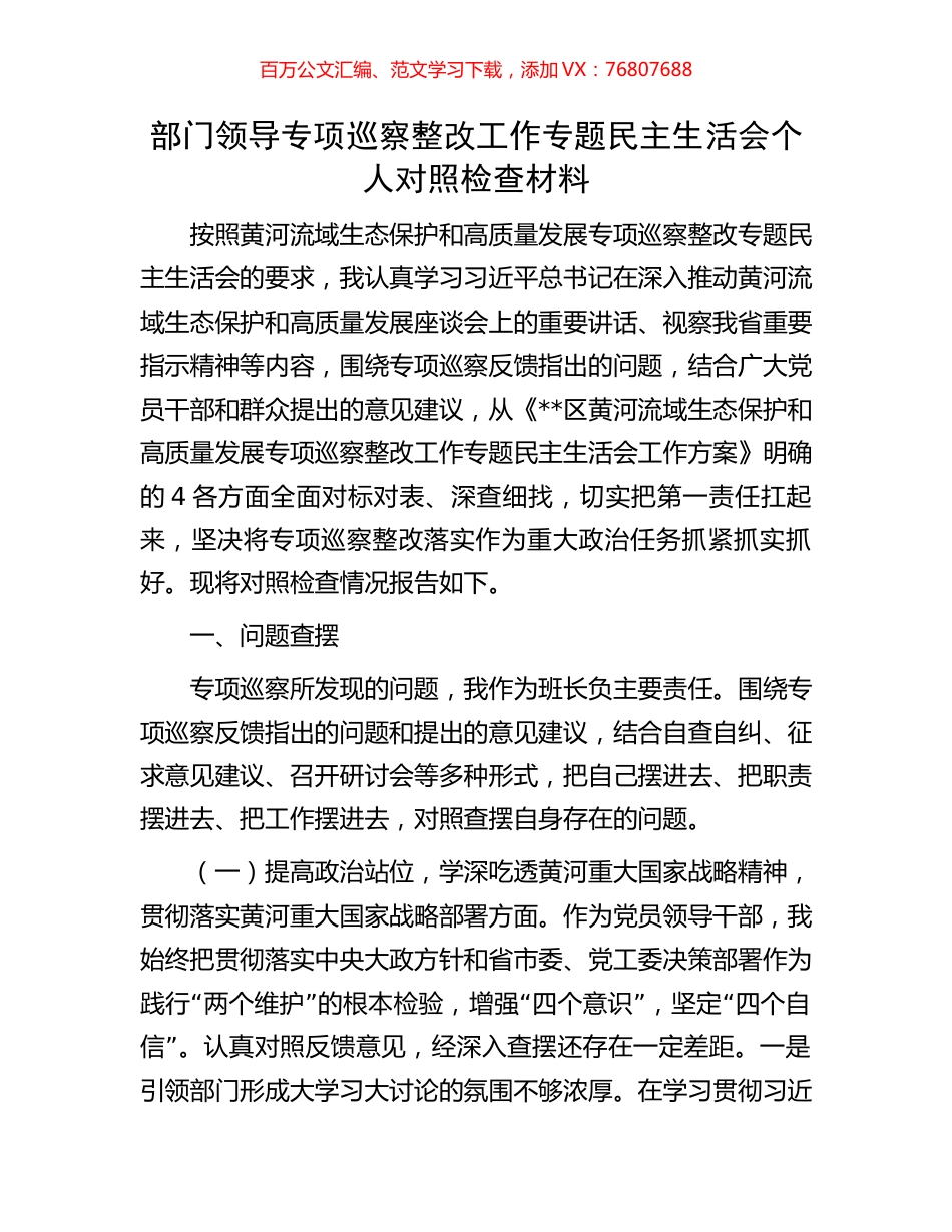 部门领导专项巡察整改工作专题民主生活会个人对照检查材料.docx_第1页