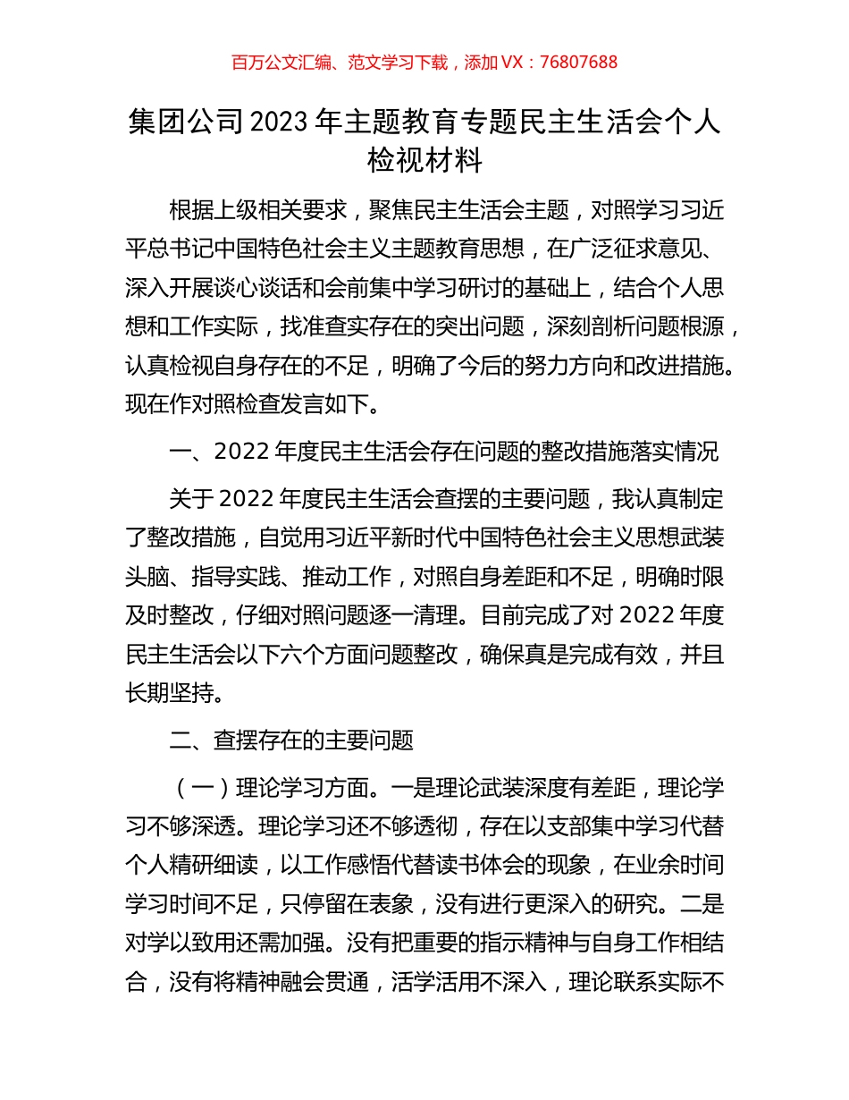 集团公司2023年主题教育专题民主生活会个人检视材料.docx_第1页