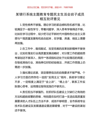 某银行系统主题教育专题民主生活会班子成员相互批评意见.docx