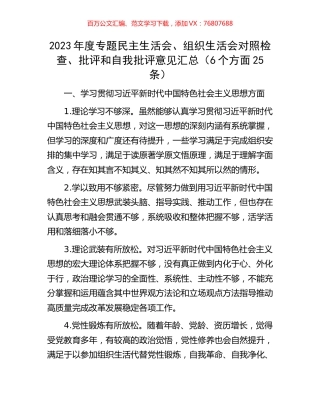 2023年度专题民主生活会、组织生活会对照检查、批评和自我批评意见汇总（6个方面25条）.docx