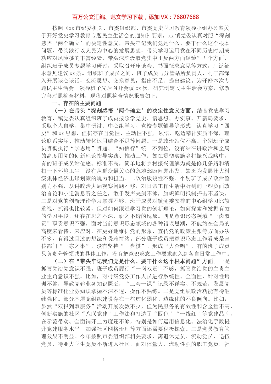 乡镇领导班子党史学习教育专题民主生活会对照检查材料.docx_第1页