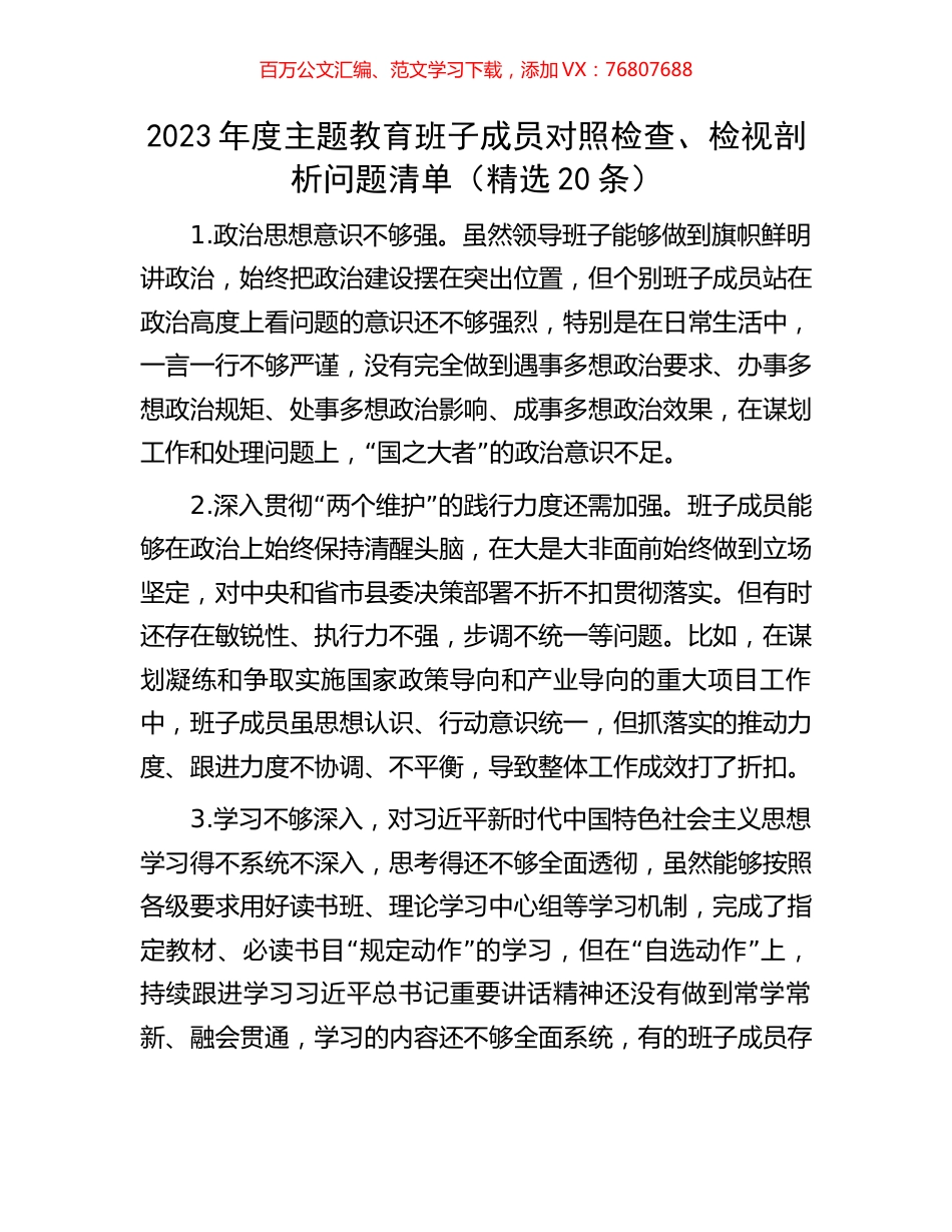 2023年度主题教育班子成员对照检查、检视剖析问题清单（精选20条）.docx_第1页