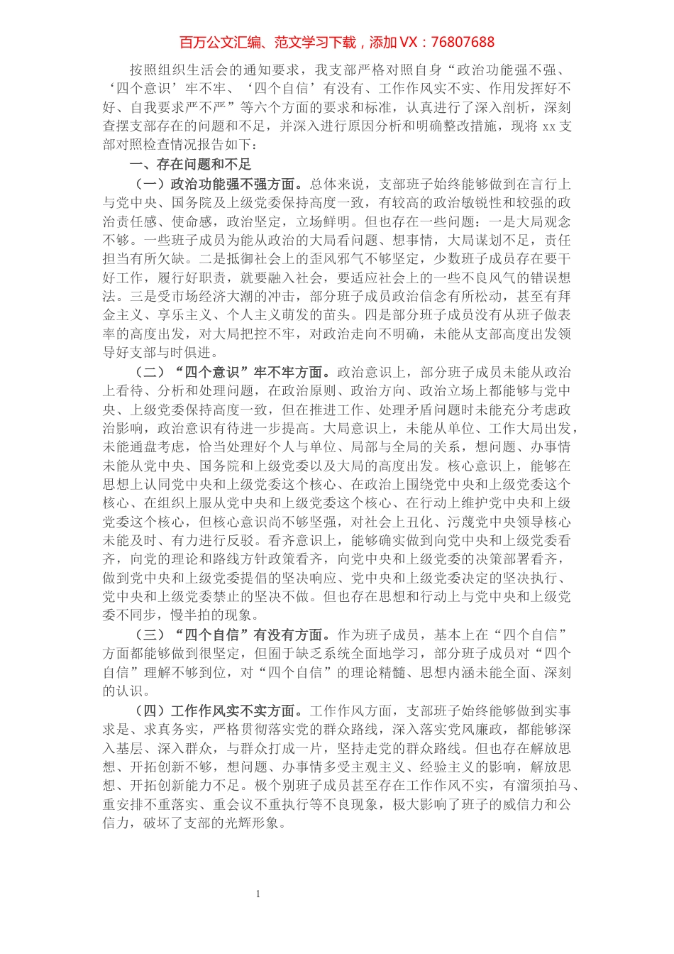 党支部“政治功能强不强”等六个方面问题专题组织生活会对照检查.docx_第1页