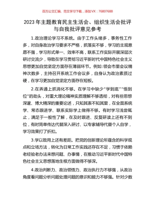 2023年主题教育民主生活会、组织生活会批评与自我批评意见参考.docx