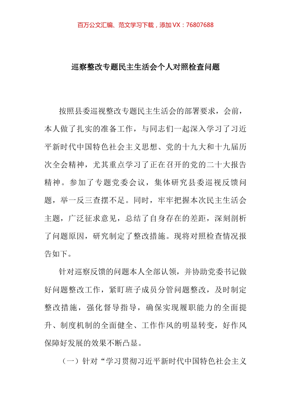 2022年巡察整改专题民主生活会个人对照检查问题 (2).docx_第1页