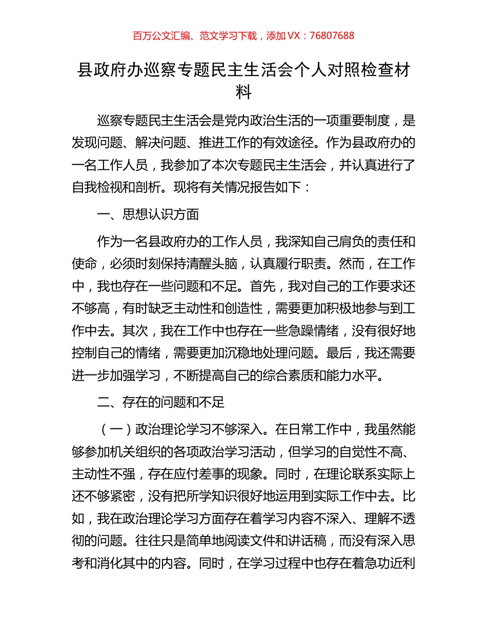县政府办巡察专题民主生活会个人对照检查材料.docx_第1页