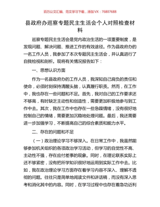 县政府办巡察专题民主生活会个人对照检查材料.docx
