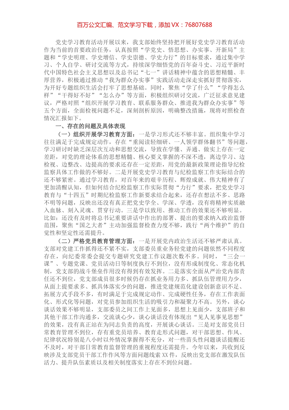 纪委监委党支部班子党史学习教育专题组织生活会对照检查材料​​​​​​​​.docx_第1页