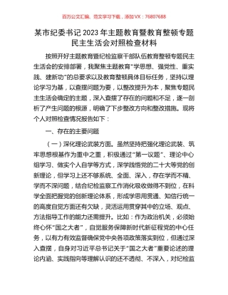 某市纪委书记2023年主题教育暨教育整顿专题民主生活会对照检查材料.docx