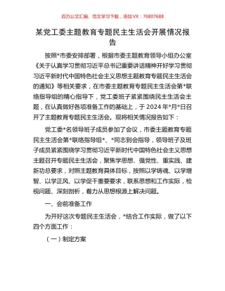 某党工委主题教育专题民主生活会开展情况报告.docx