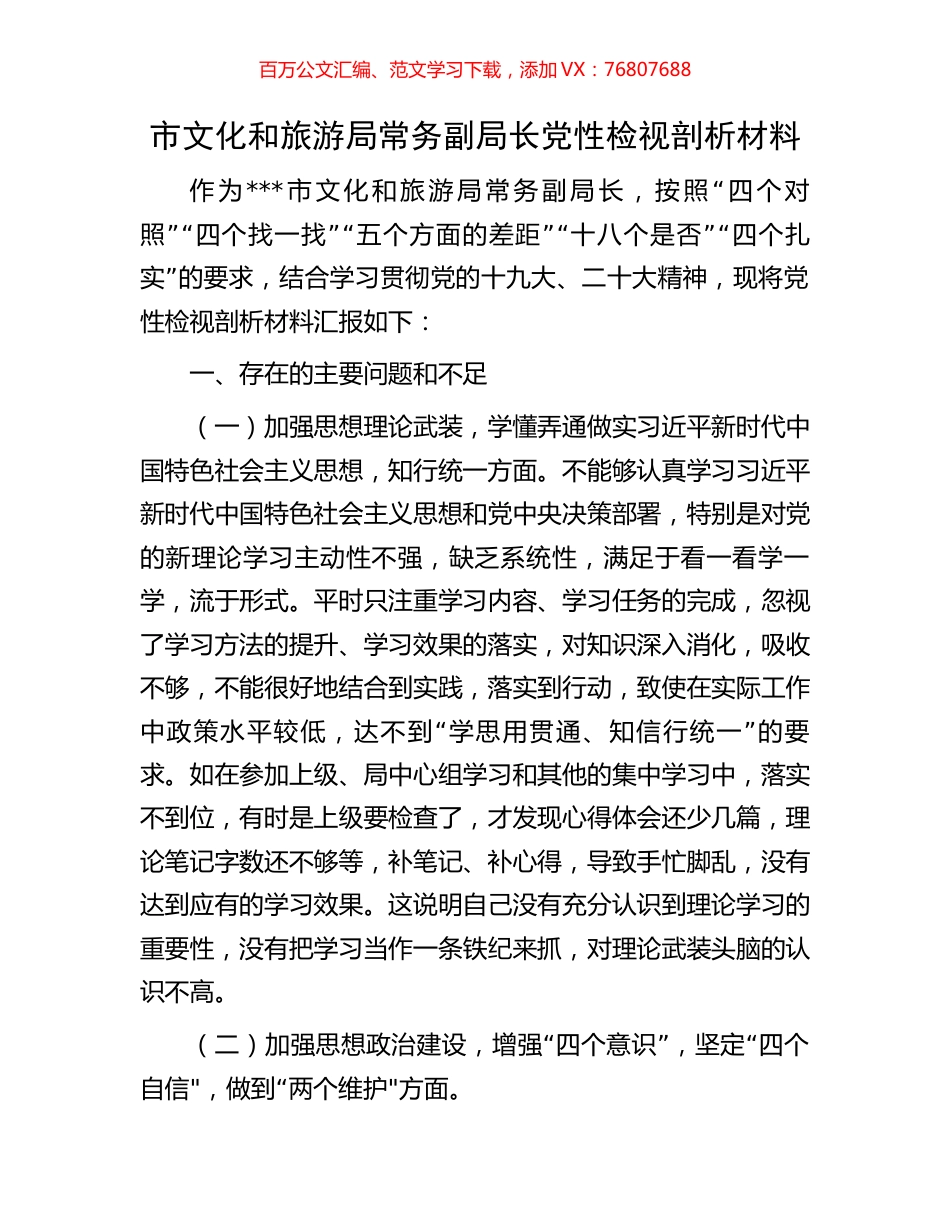 市文化和旅游局常务副局长党性检视剖析材料.docx_第1页
