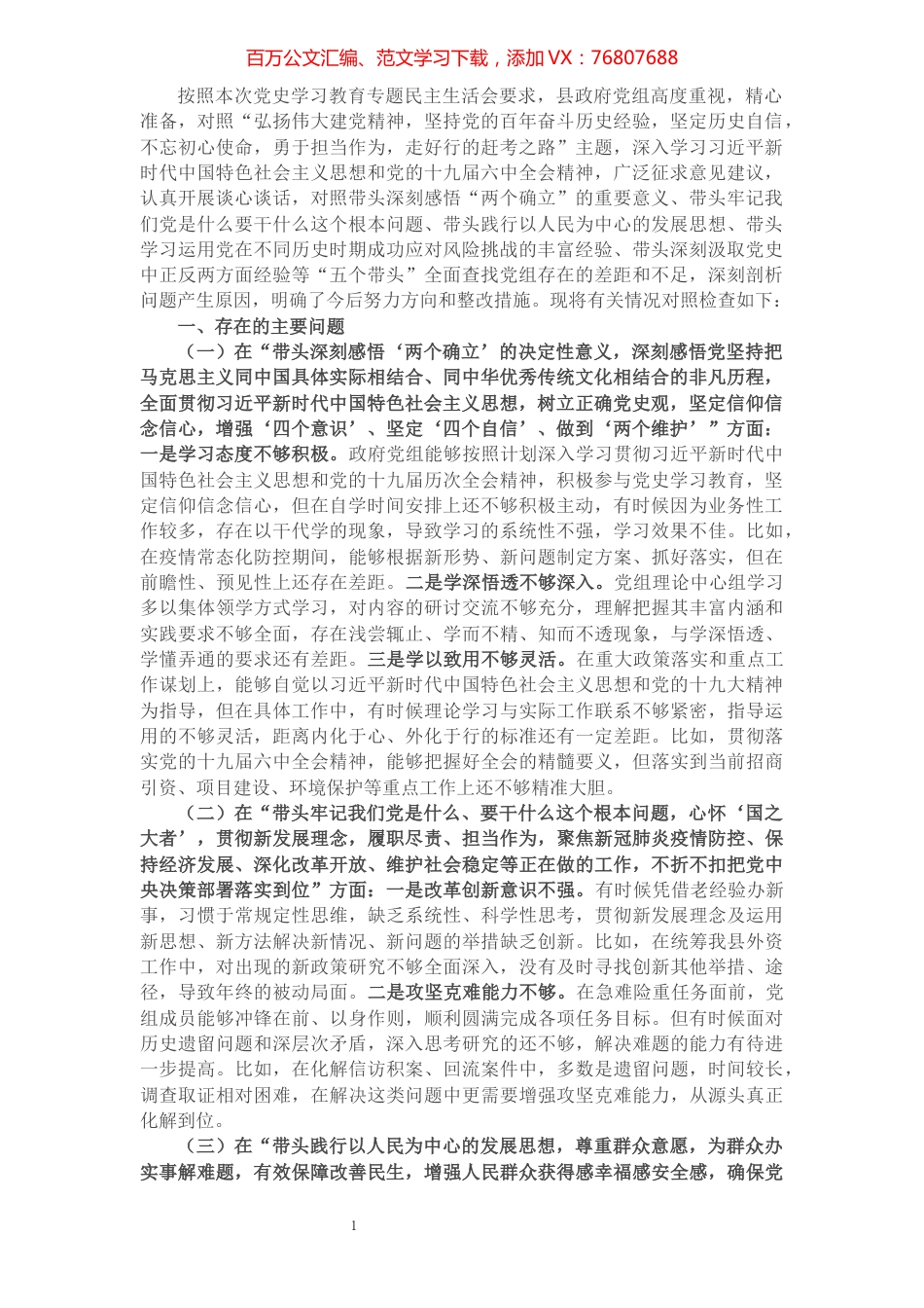 政府党组党史学习教育专题民主生活会“五个带头”对照检查材料.docx_第1页