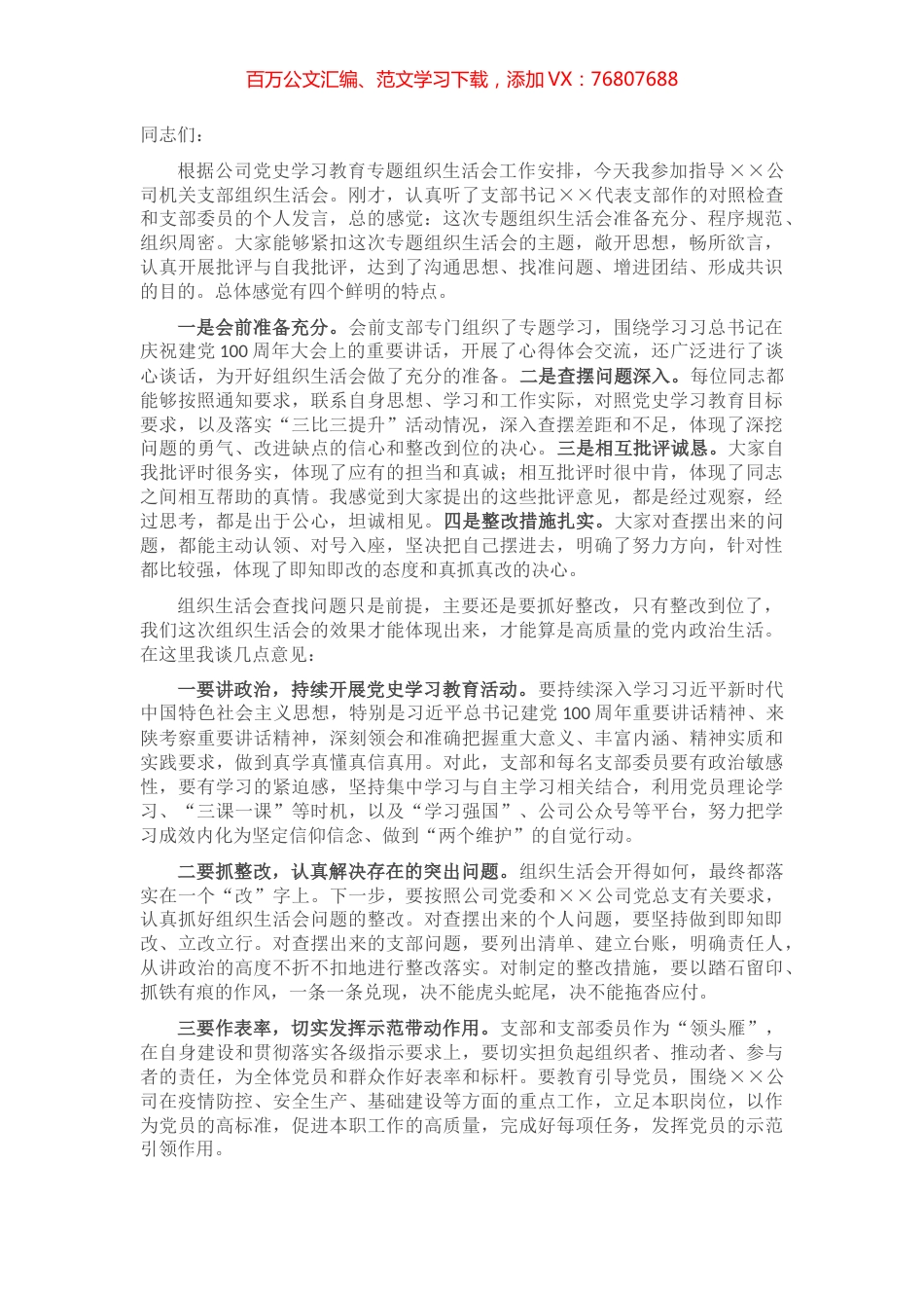 国企党委书记参加下属公司支部专题组织生活会点评材料​​​​​​​​​​.docx_第1页